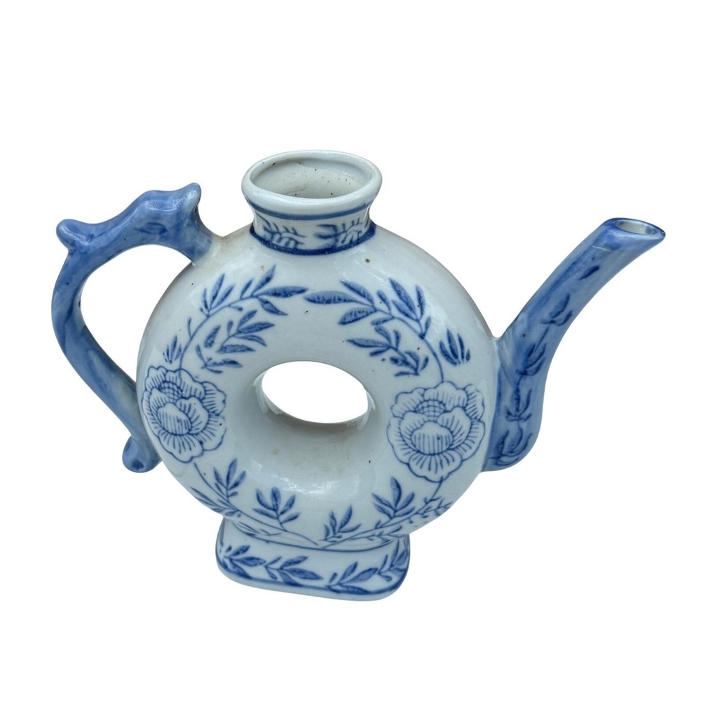 Vintage Chinese Blue White Floral Ceramic Donut Teapot Chinoiserie Decor 7in